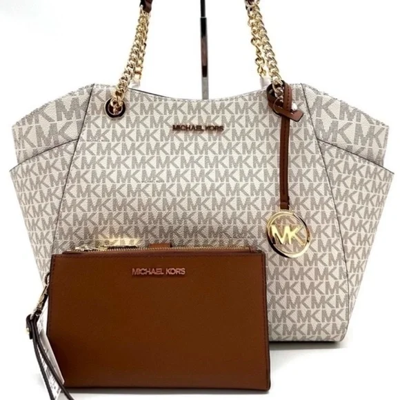 Michael Kors Large Chain Shoulder Bag & Double Zip Wallet Set Vanilla/Luggage - Picture 2 of 14